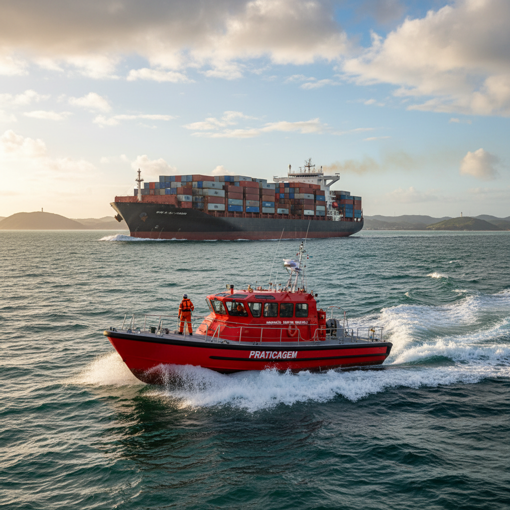 Lancha de Praticagem aproximando-se de navio cargueiro